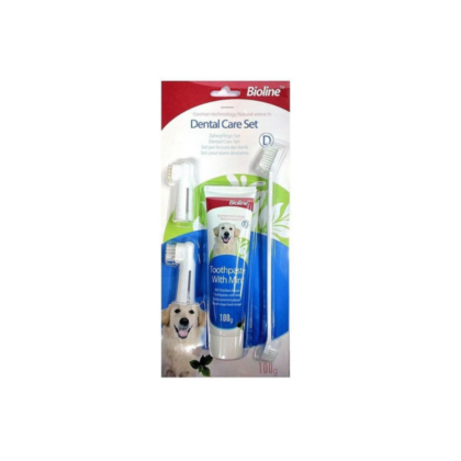 Bioline Dental Care Set for Dogs and Puppies - One Long Toothbrush, 2 Finger Toothbrushes and 1 Mint Flavour Toothpaste 100 g